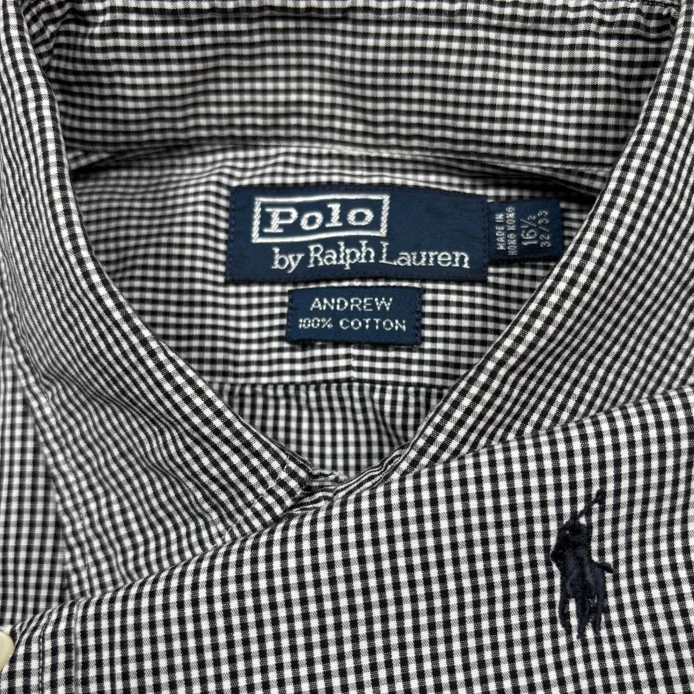 Polo Ralph Lauren Button Shirt Men L 16.5 32/33 Black White Gingham Check Preppy